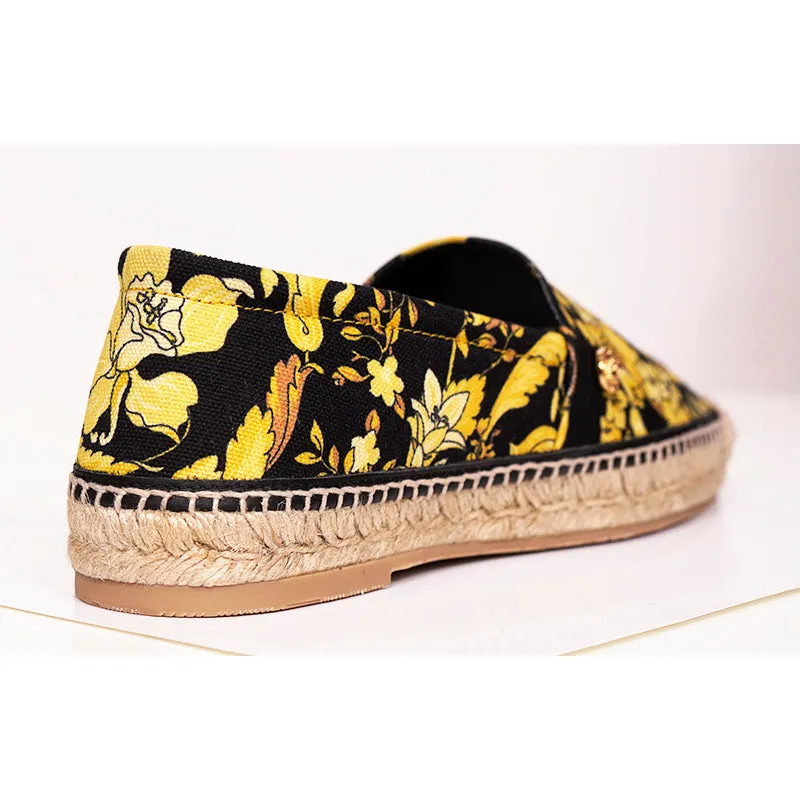 37 & 38 NEW $550 VERSACE Black Yellow BAROCCO FLORAL LOGO Espadrille SUMMER FLATS NIB