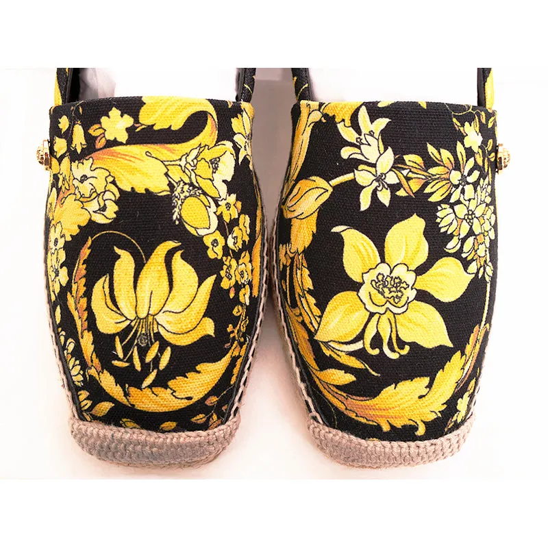 37 & 38 NEW $550 VERSACE Black Yellow BAROCCO FLORAL LOGO Espadrille SUMMER FLATS NIB