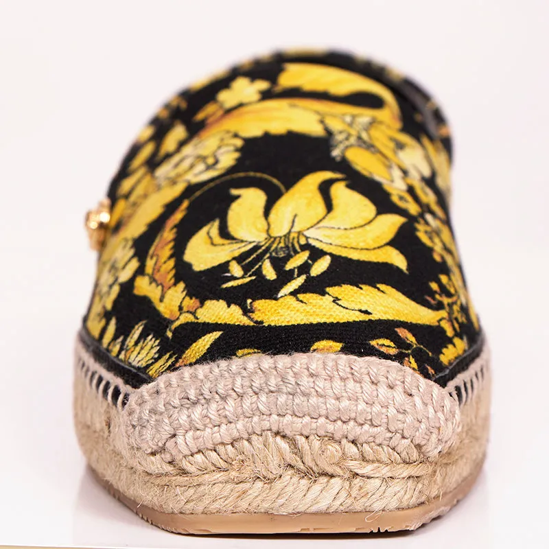 37 & 38 NEW $550 VERSACE Black Yellow BAROCCO FLORAL LOGO Espadrille SUMMER FLATS NIB