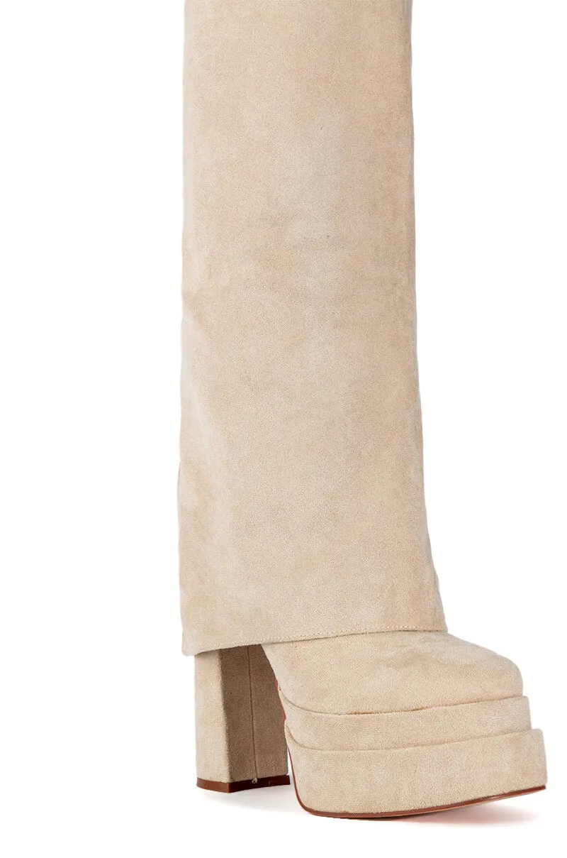 AZALEA WANG INVISIBLE FOLD OVER CHUNKY BOOT IN TAN SUEDE