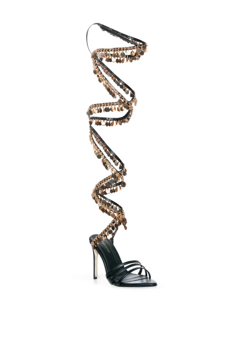 AZALEA WANG MARIANNE STRAPPY COIN STILETTO SANDAL IN BLACK