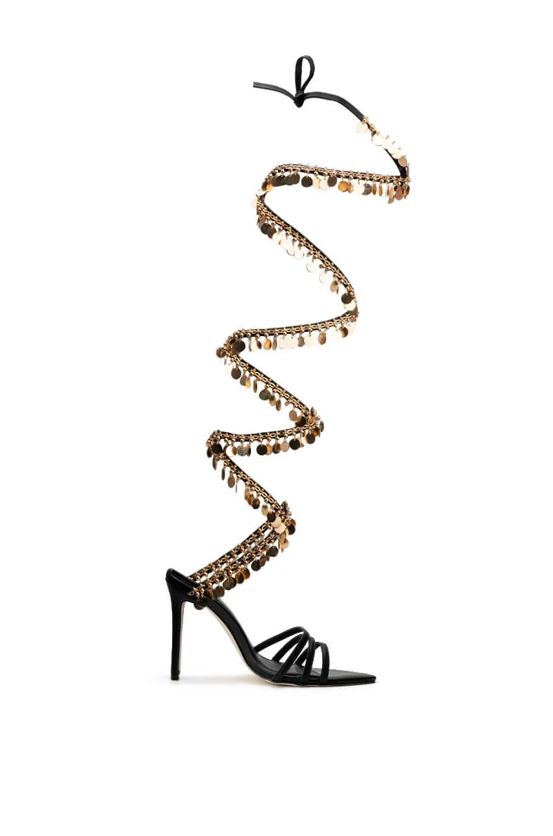 AZALEA WANG MARIANNE STRAPPY COIN STILETTO SANDAL IN BLACK