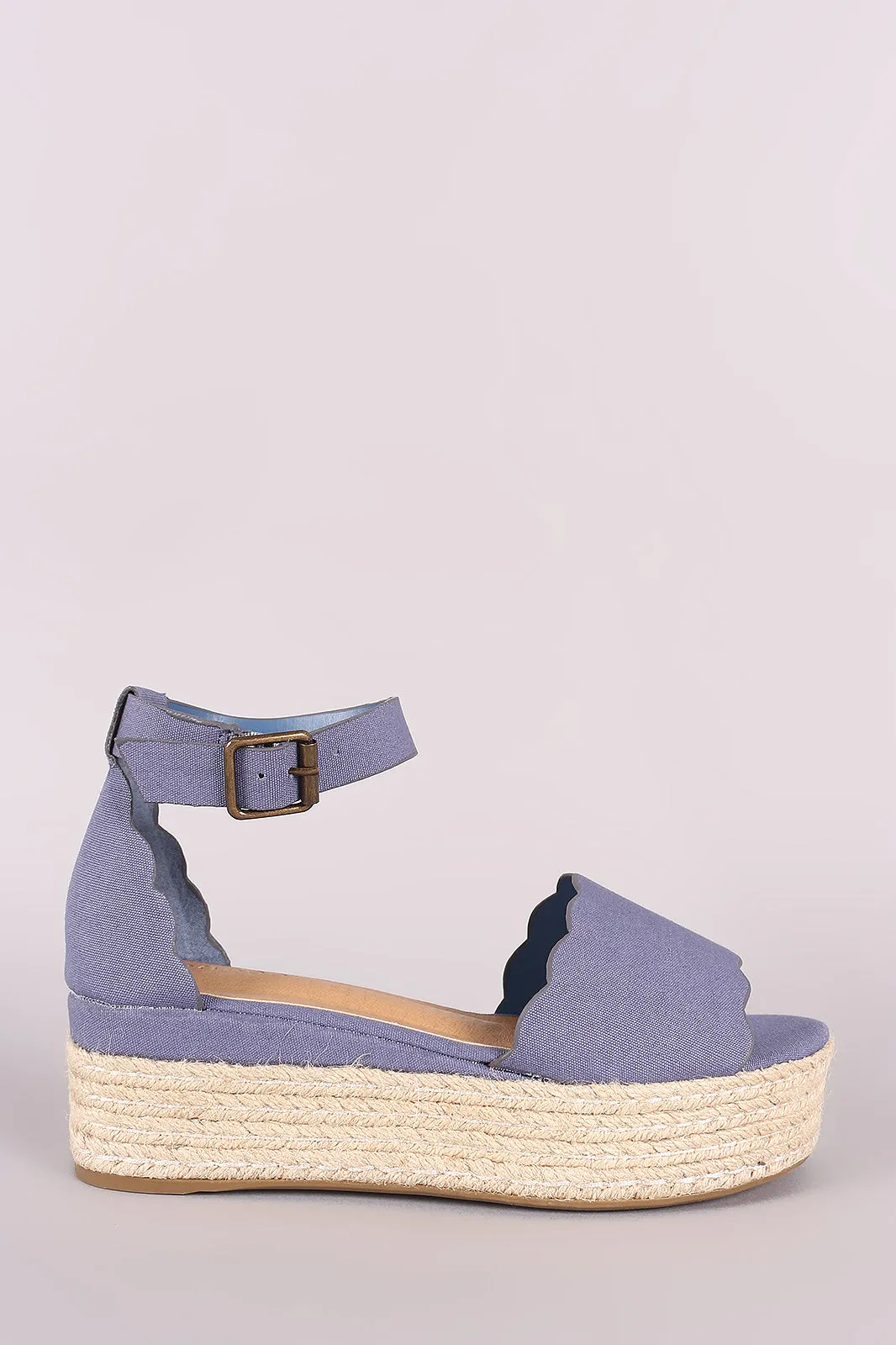 Bamboo Denim Scallop Open Toe Flatform Espadrille Wedge