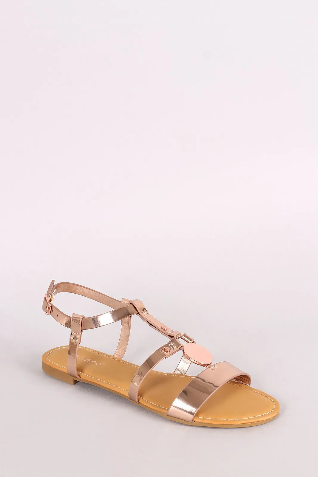 Bamboo Metallic Strappy Caged Circular Plate Flat Sandal