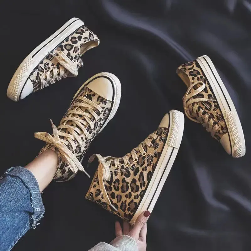 binfenxie  -  Women's Canvas Shoes Summer Leopard Print Lace-up Flats Casual Shoes Lady Autumn High-Top Vulcanized Shoe Non-Slip Sneakers