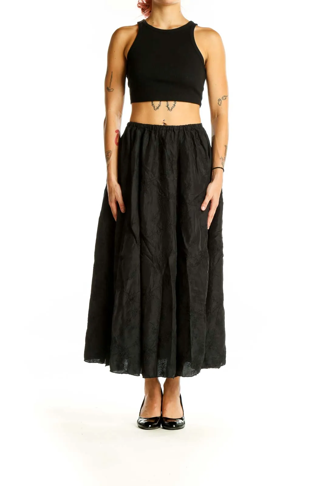 Black Cotton Flowy Maxi Skirt