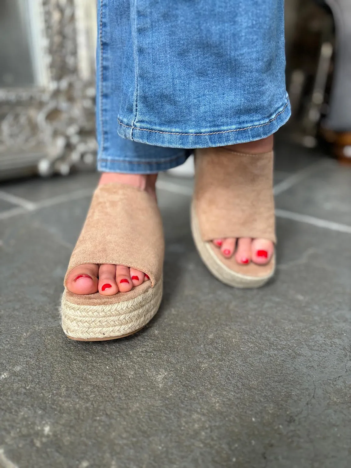 Camel Open Toe Platform Espadrille Wedge