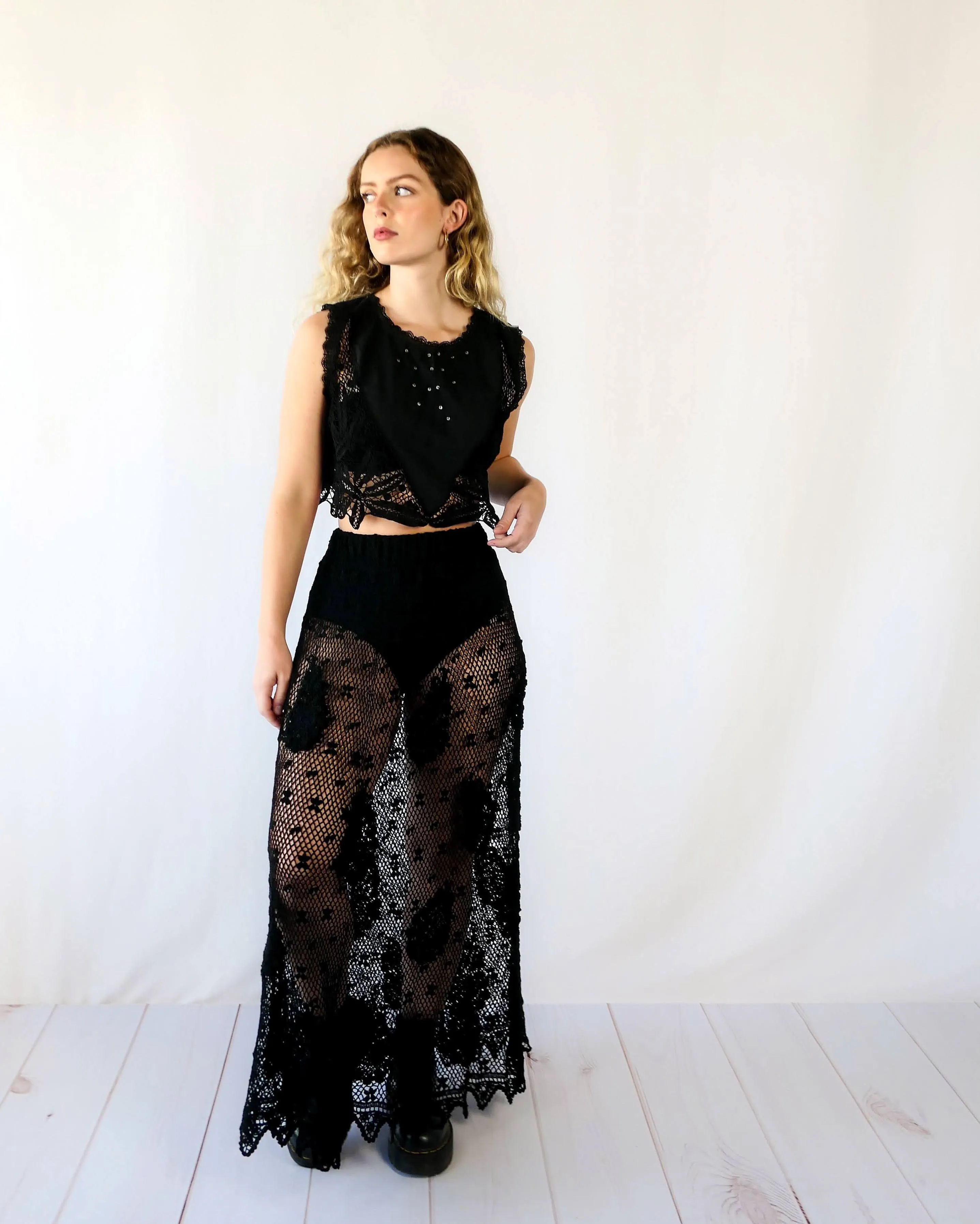 Hand Crocheted Maxi Length Skirt with Paisley and Floral Motif