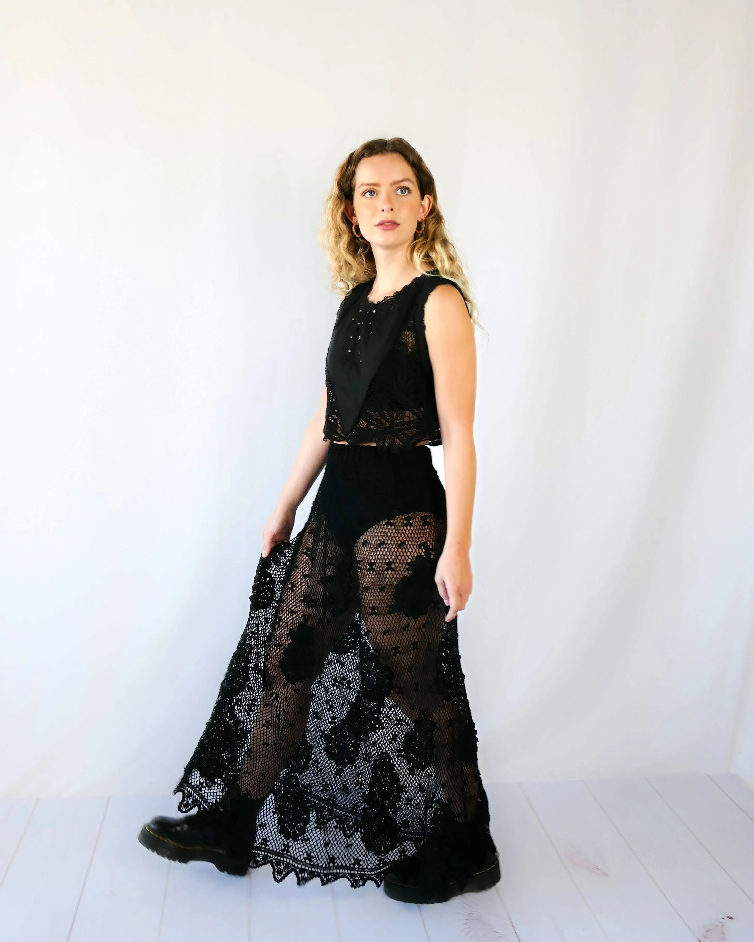 Hand Crocheted Maxi Length Skirt with Paisley and Floral Motif