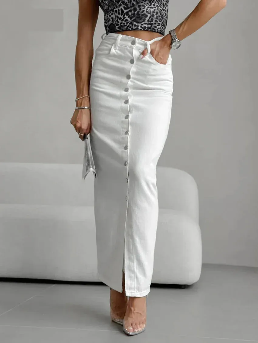 High-Waist Button-Up Midi-Maxi Skirt in Cotton