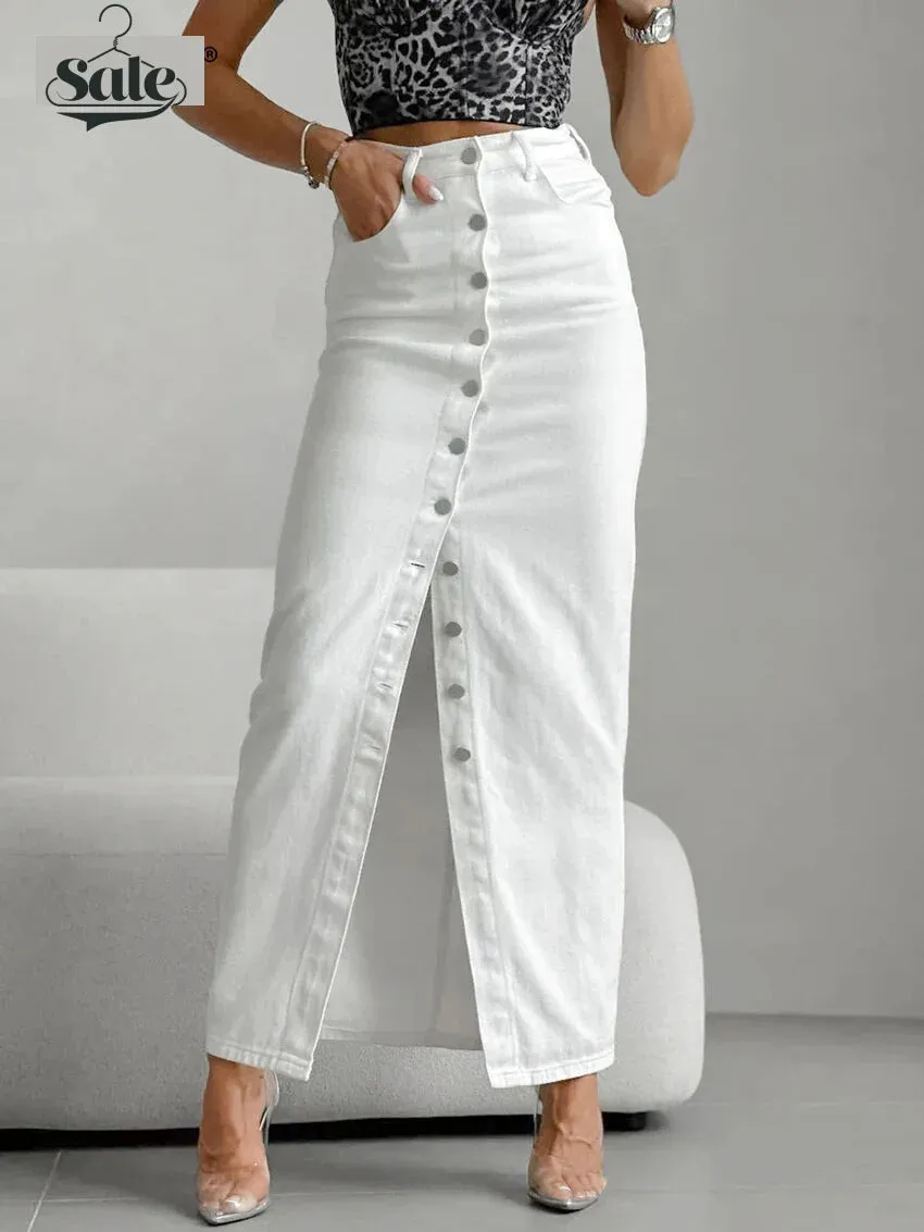 High-Waist Button-Up Midi-Maxi Skirt in Cotton