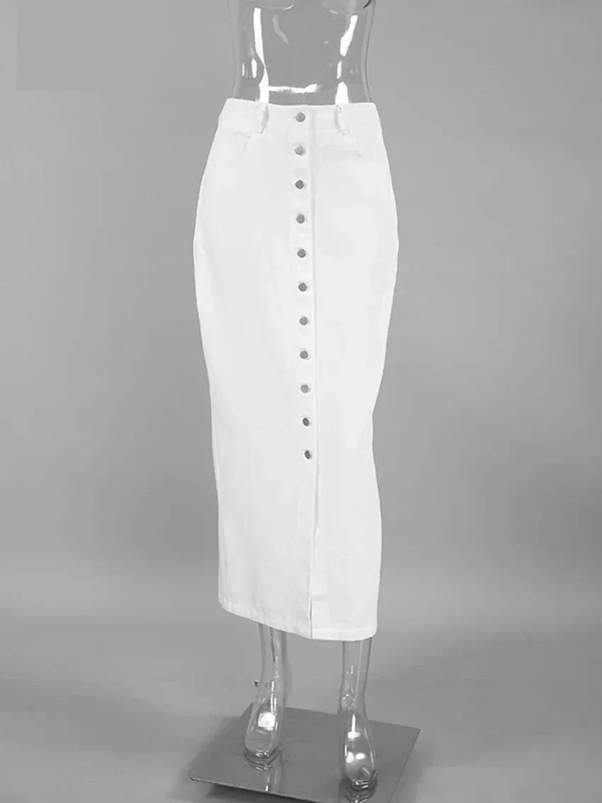 High-Waist Button-Up Midi-Maxi Skirt in Cotton