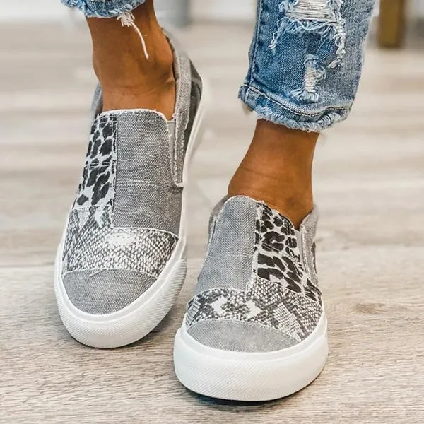 Kimemoda Pieced Raw Edge Animal Print Canvas Sneakers Slip-On Flats