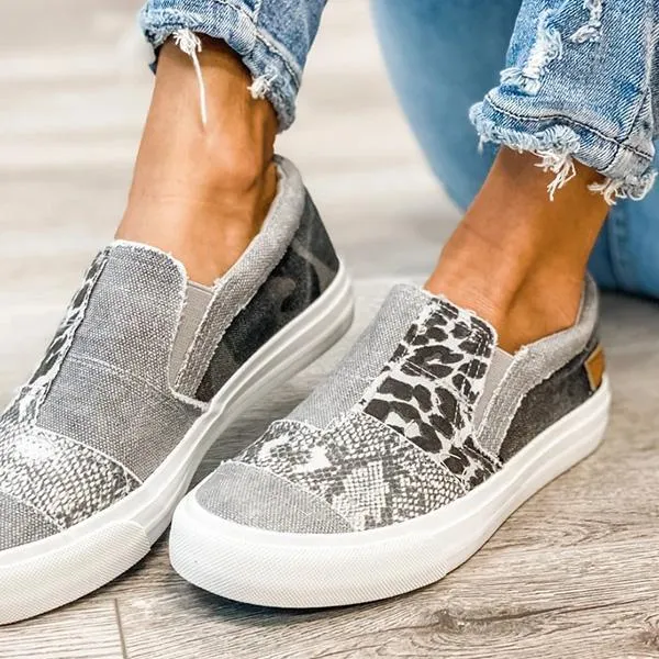 Kimemoda Pieced Raw Edge Animal Print Canvas Sneakers Slip-On Flats