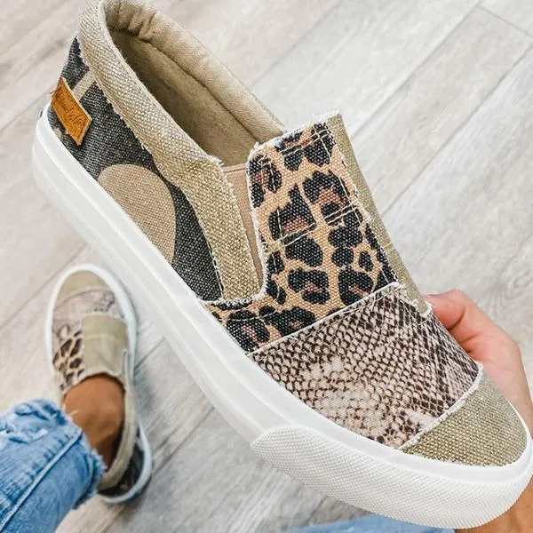 Kimemoda Pieced Raw Edge Animal Print Canvas Sneakers Slip-On Flats