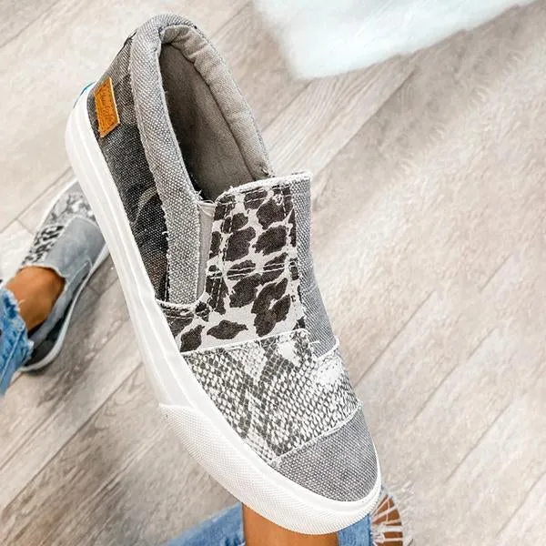 Kimemoda Pieced Raw Edge Animal Print Canvas Sneakers Slip-On Flats