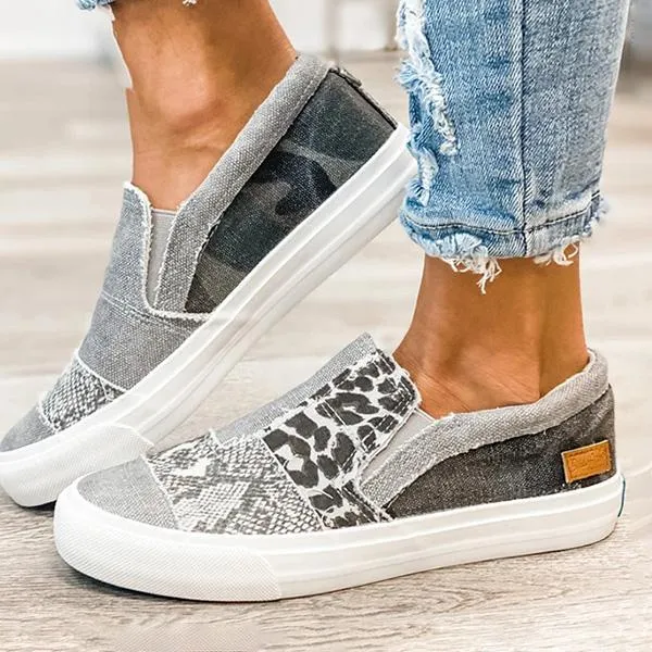 Kimemoda Pieced Raw Edge Animal Print Canvas Sneakers Slip-On Flats