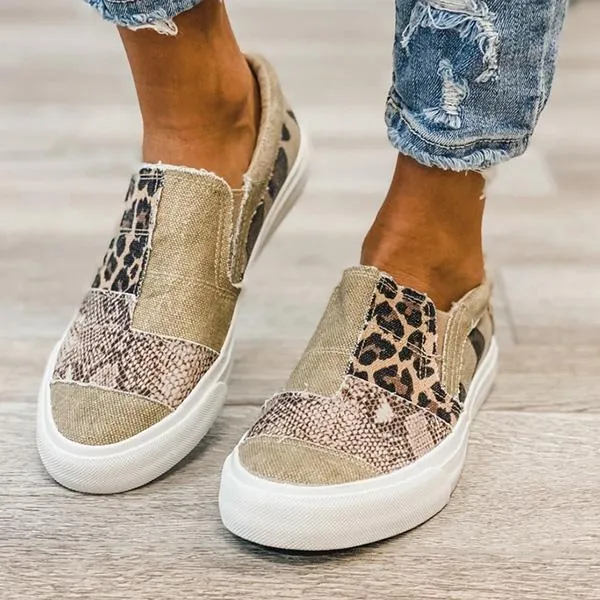 Kimemoda Pieced Raw Edge Animal Print Canvas Sneakers Slip-On Flats