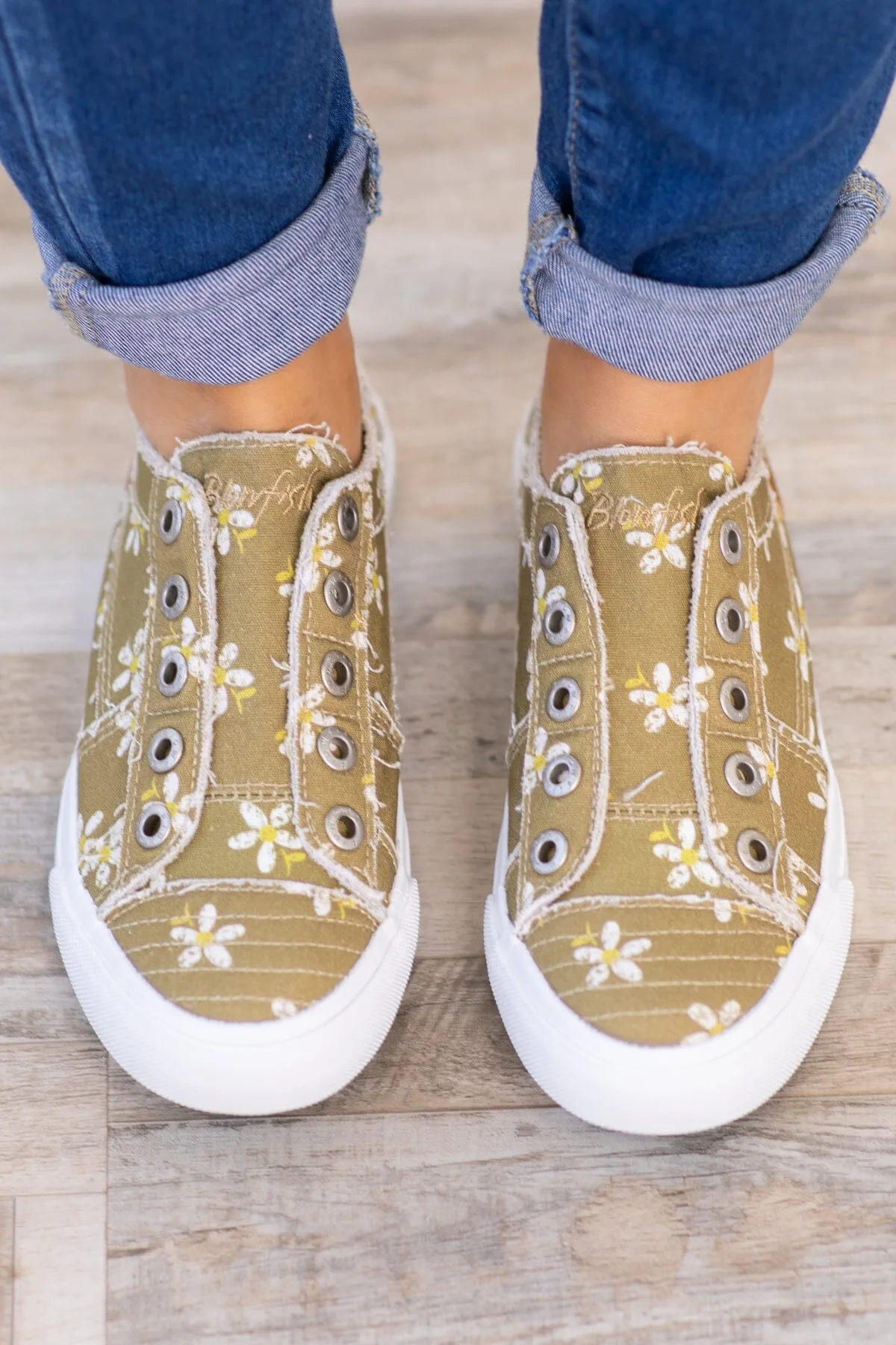 Light Olive Daisy Print Slip On Sneakers