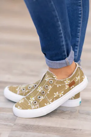 Light Olive Daisy Print Slip On Sneakers