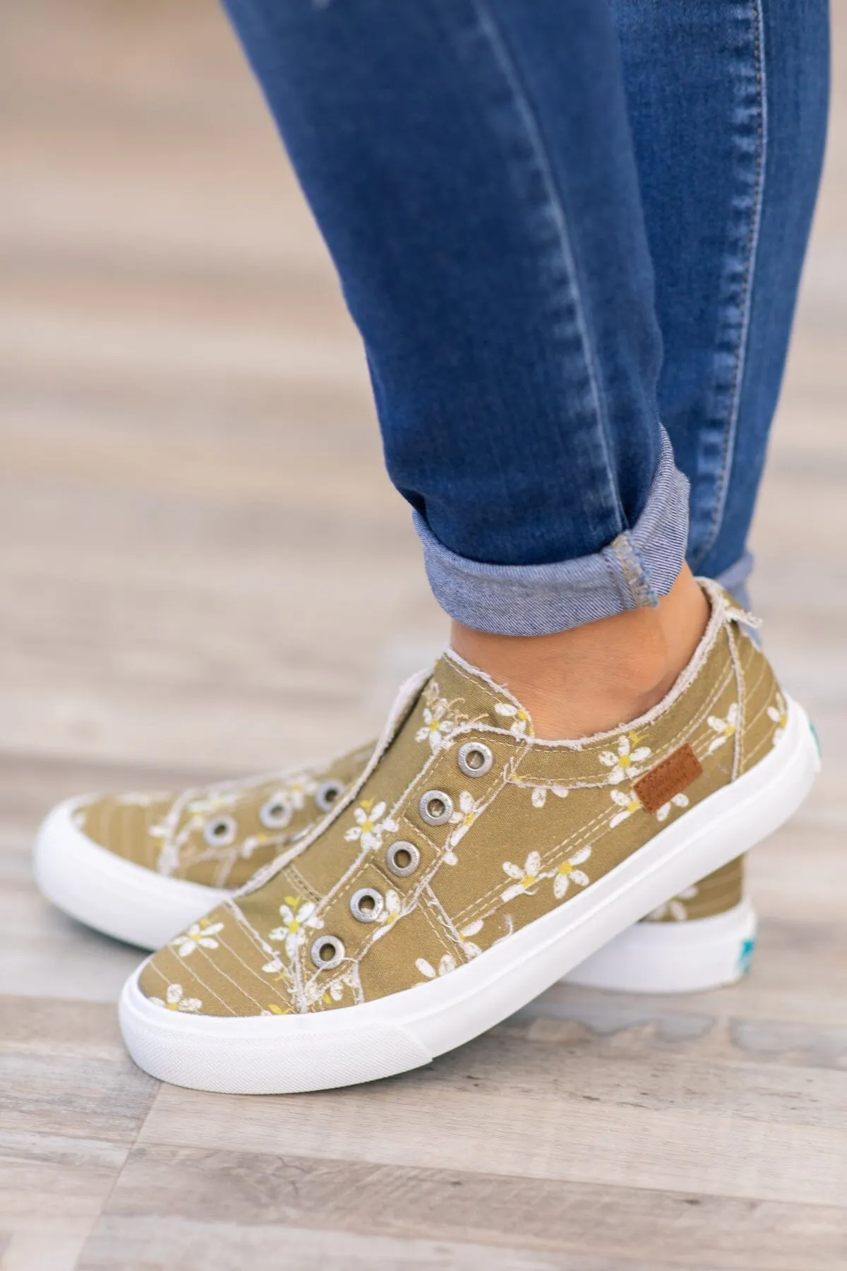 Light Olive Daisy Print Slip On Sneakers