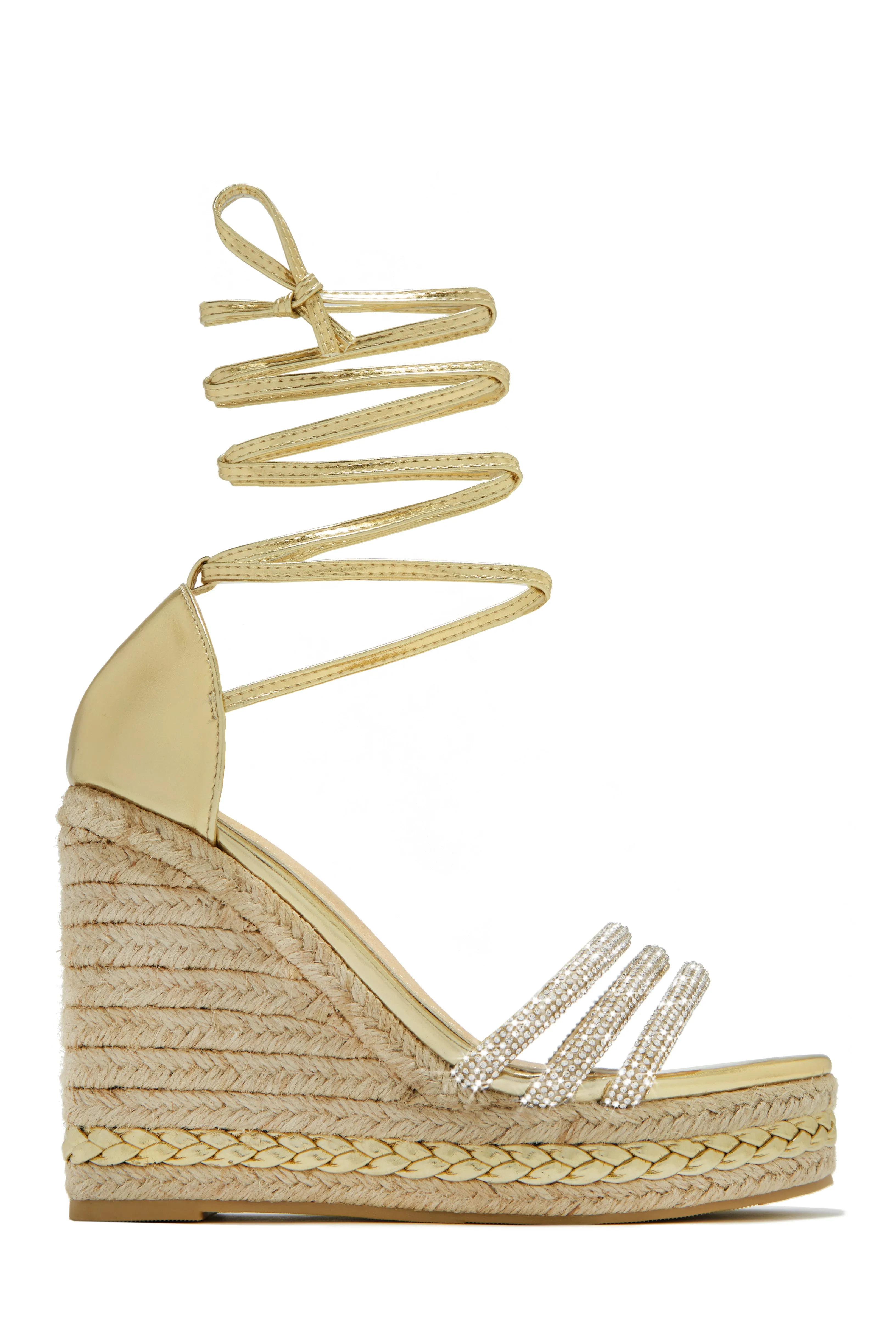 Malibu Yacht Embellished Lace Up Platform Wedges - Gold