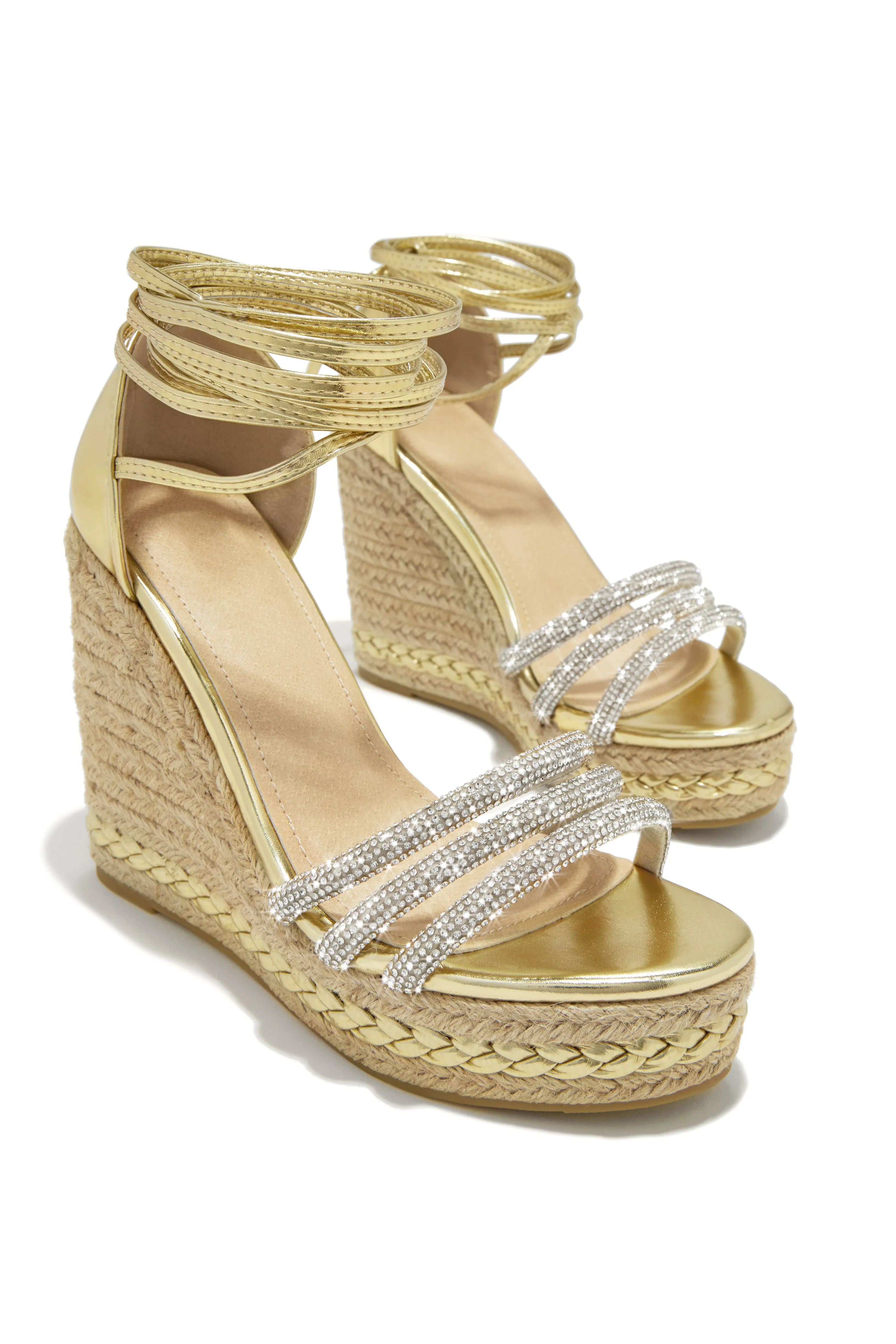 Malibu Yacht Embellished Lace Up Platform Wedges - Gold