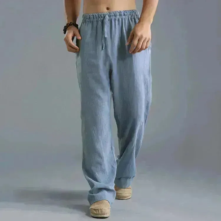 Mens Casual Breathable cotton linen pants Beach trouser for men