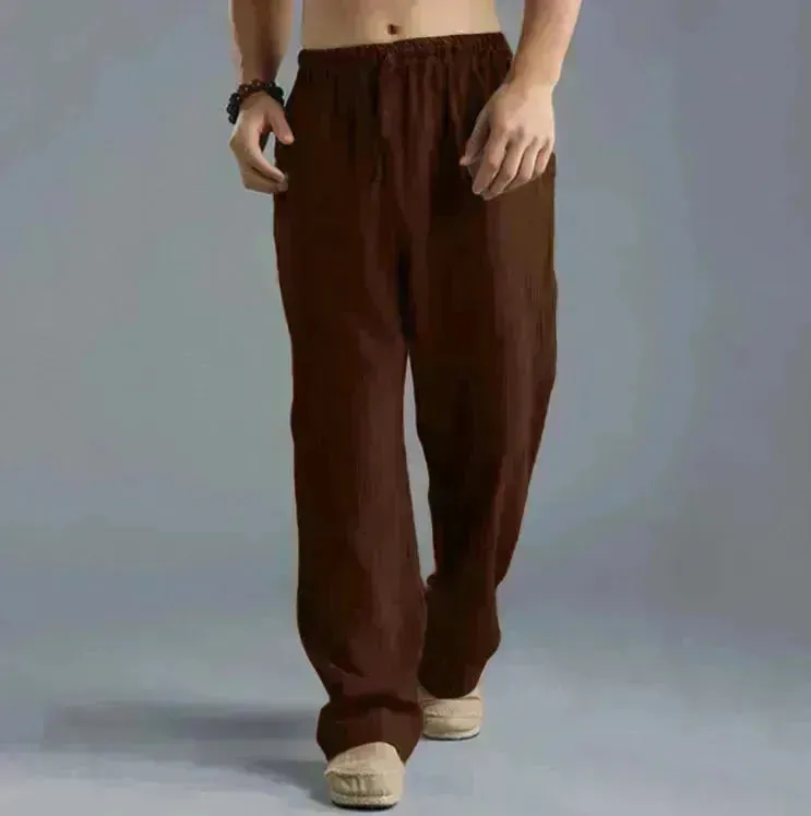 Mens Casual Breathable cotton linen pants Beach trouser for men