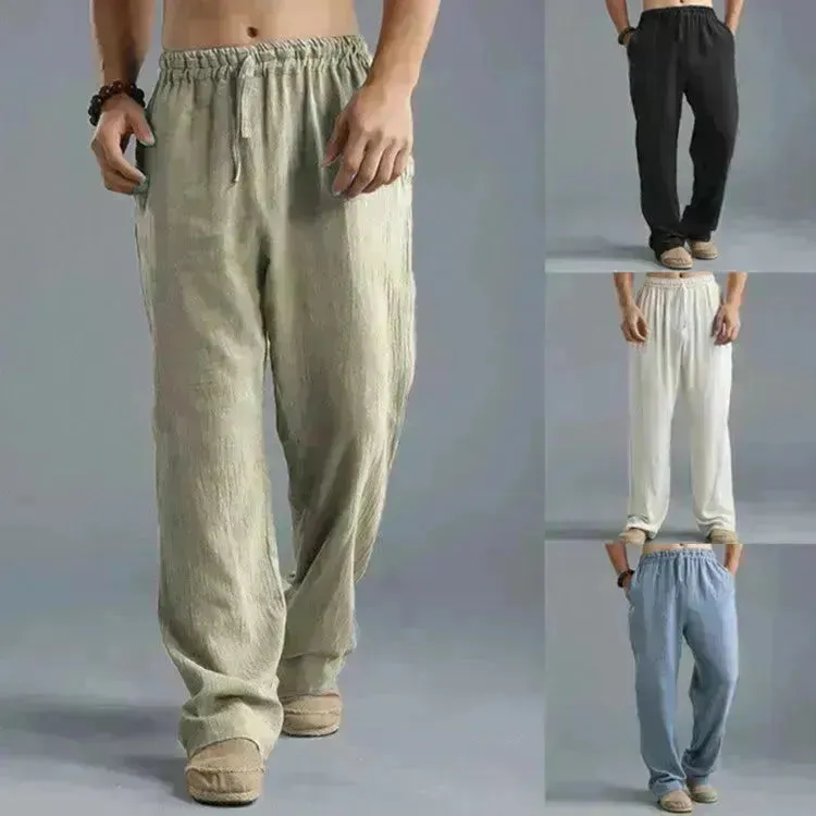 Mens Casual Breathable cotton linen pants Beach trouser for men