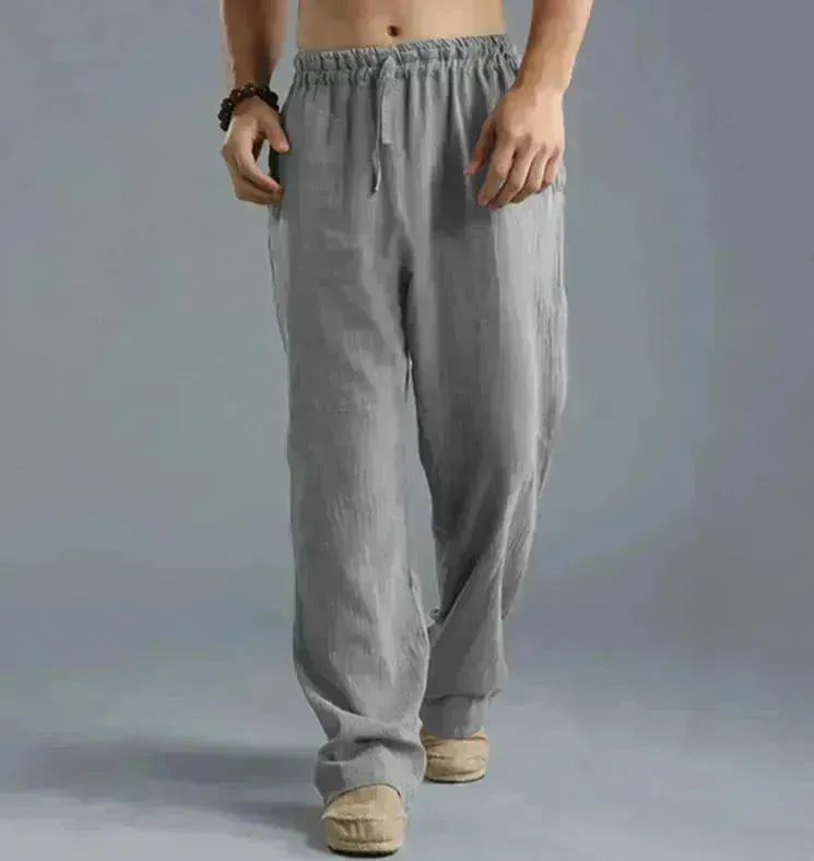 Mens Casual Breathable cotton linen pants Beach trouser for men