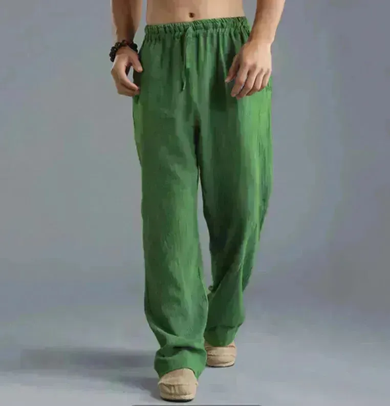 Mens Casual Breathable cotton linen pants Beach trouser for men