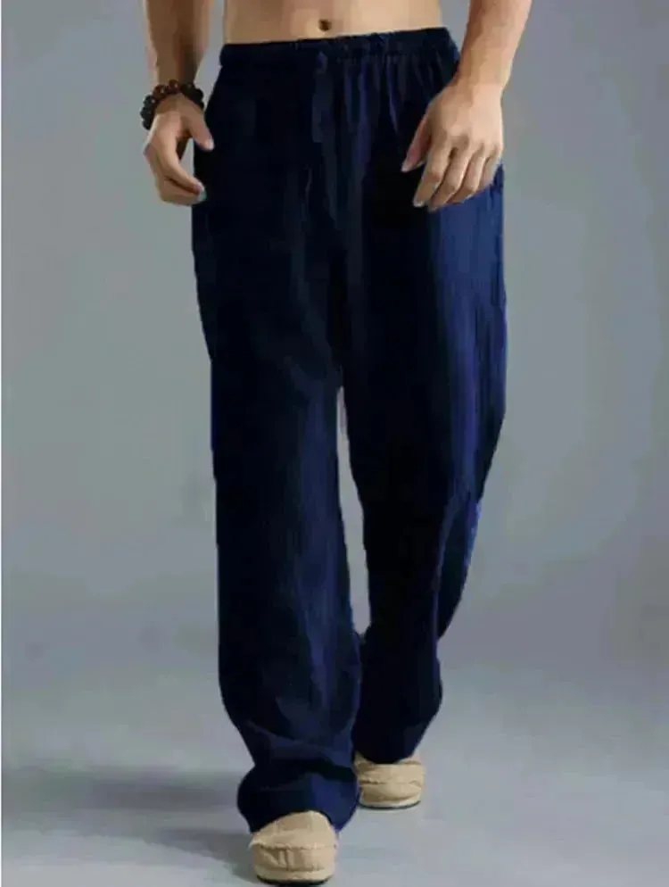 Mens Casual Breathable cotton linen pants Beach trouser for men