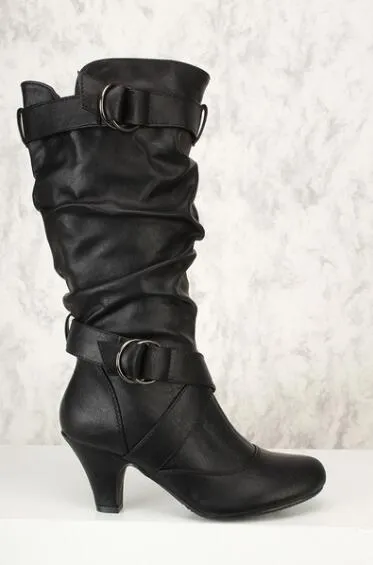 Mid calf heeled boots slouch buckle boots heeled motorcycle boots for women