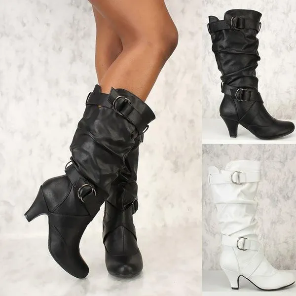 Mid calf heeled boots slouch buckle boots heeled motorcycle boots for women