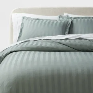 New - Threshold Duvet Cover Set Cotton Damask Striped, Light Teal Green, King