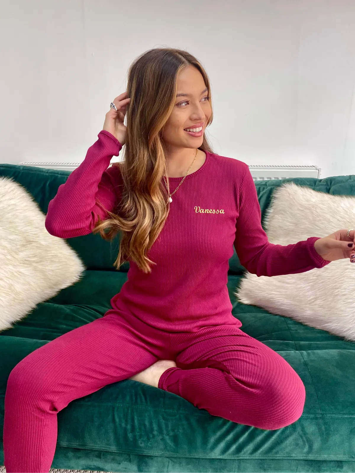 Personalised Womens Ribbed Jersey Loungewear Set / Mulberry