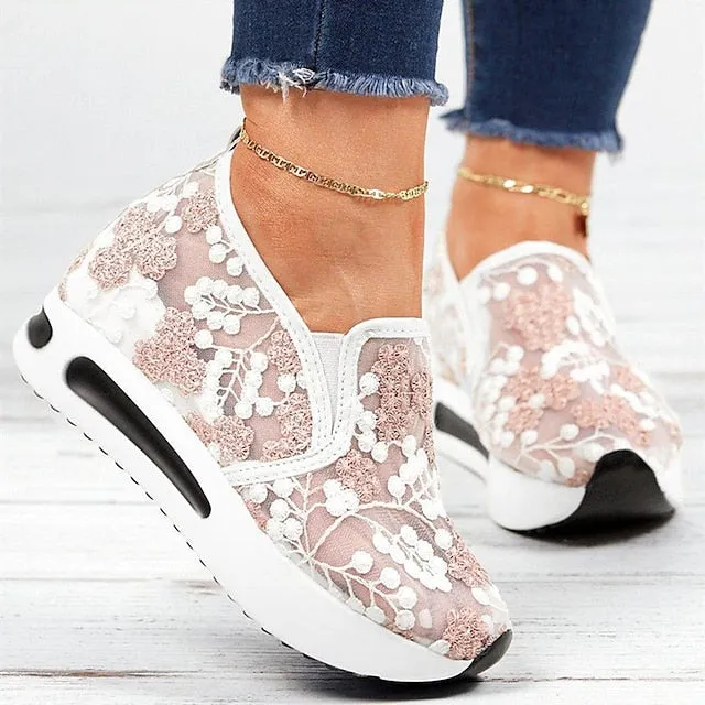 Purpdrank - Women's Sneakers Platform Sneakers Slip-on Sneakers Daily Cut Out Embroidery Platform Wedge Heel Round Toe Casual Walking Shoes Faux Leather Loafer Embroidered Pink Green