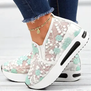 Purpdrank - Women's Sneakers Platform Sneakers Slip-on Sneakers Daily Cut Out Embroidery Platform Wedge Heel Round Toe Casual Walking Shoes Faux Leather Loafer Embroidered Pink Green