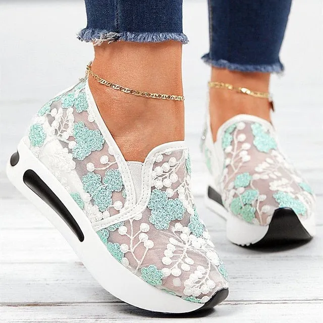 Purpdrank - Women's Sneakers Platform Sneakers Slip-on Sneakers Daily Cut Out Embroidery Platform Wedge Heel Round Toe Casual Walking Shoes Faux Leather Loafer Embroidered Pink Green