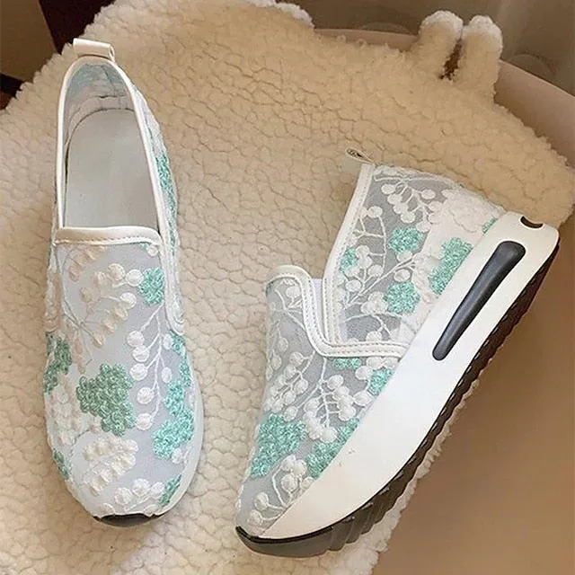 Purpdrank - Women's Sneakers Platform Sneakers Slip-on Sneakers Daily Cut Out Embroidery Platform Wedge Heel Round Toe Casual Walking Shoes Faux Leather Loafer Embroidered Pink Green