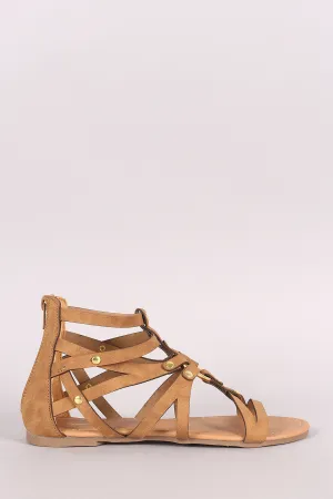 Qupid Nubuck O-Ring Strappy Gladiator Flat Sandal