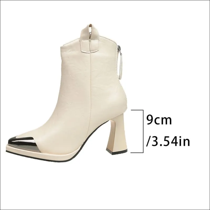 Sleek Metal Covered Pointed-toe Retro Mid-calf Boots for Stylish Vibes