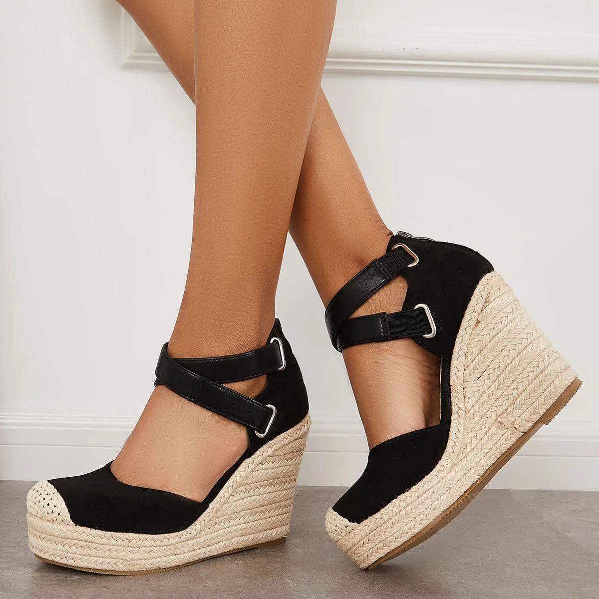 Sohiwoo  Women's Closed Toe Espadrille Wedges Crisscross Platform Heel Sandals