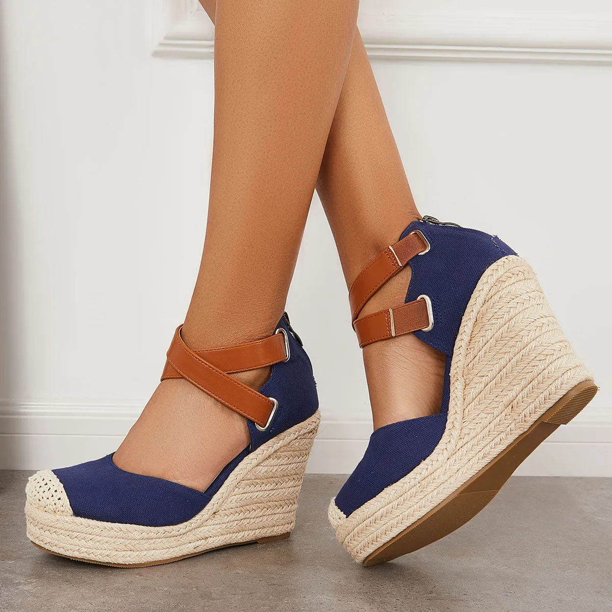 Sohiwoo  Women's Closed Toe Espadrille Wedges Crisscross Platform Heel Sandals