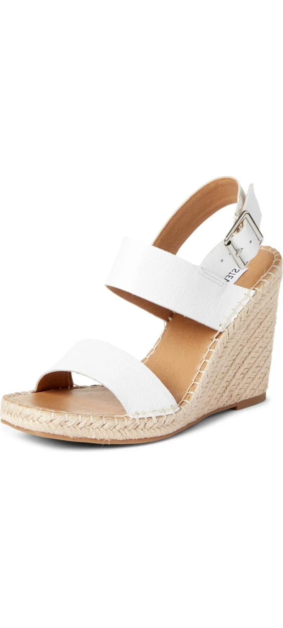 Steve Madden Uri White Leather Open Toe Espadrille Buckle Closure Wedge Sandals