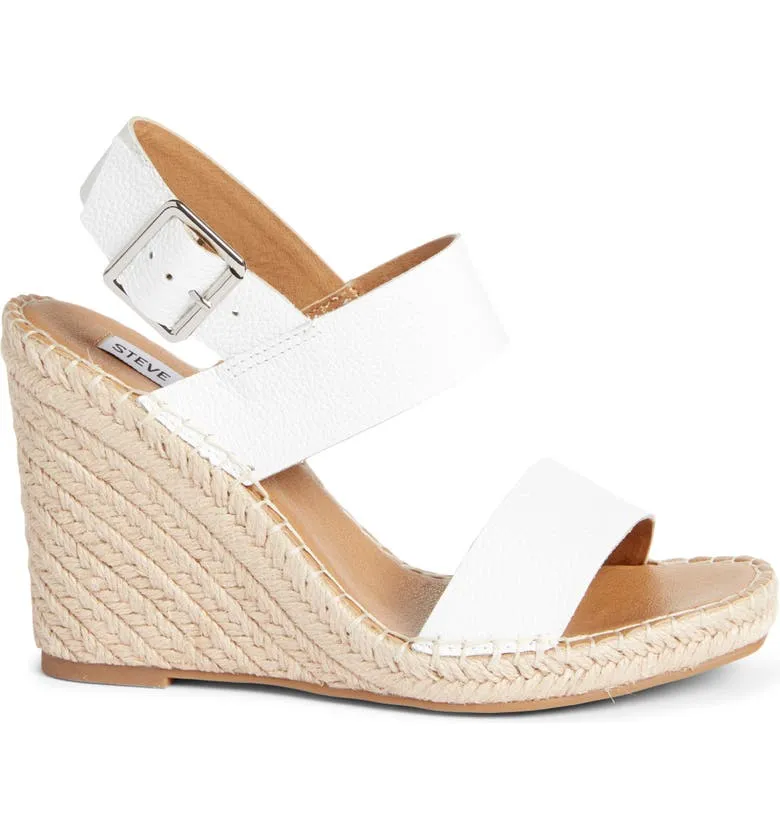 Steve Madden Uri White Leather Open Toe Espadrille Buckle Closure Wedge Sandals