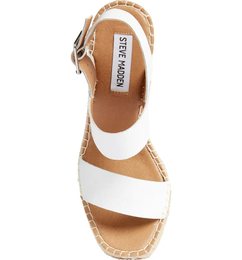 Steve Madden Uri White Leather Open Toe Espadrille Buckle Closure Wedge Sandals