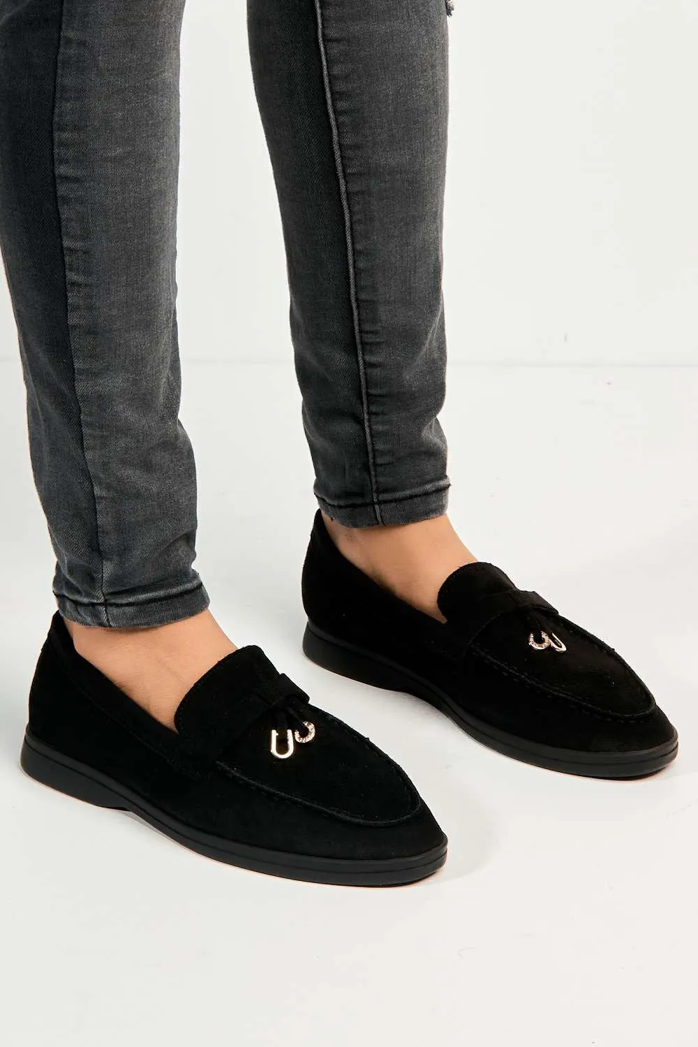 Tonya Charm Detail Slip-On Faux Suede Loafers in Black