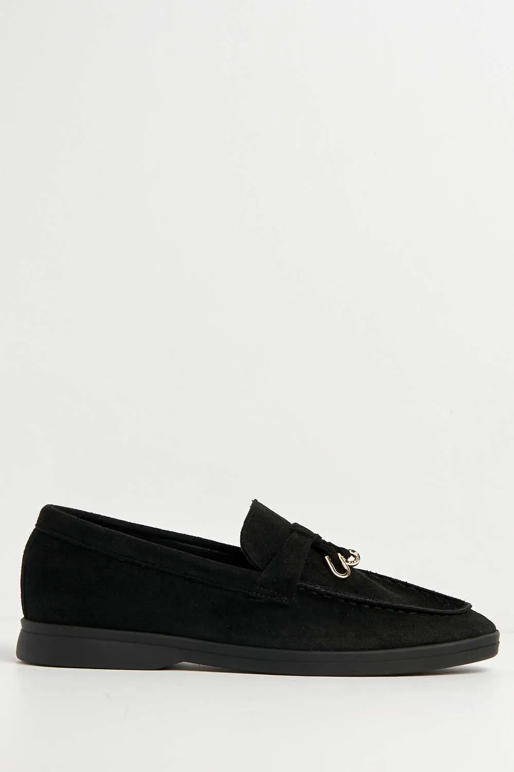 Tonya Charm Detail Slip-On Faux Suede Loafers in Black